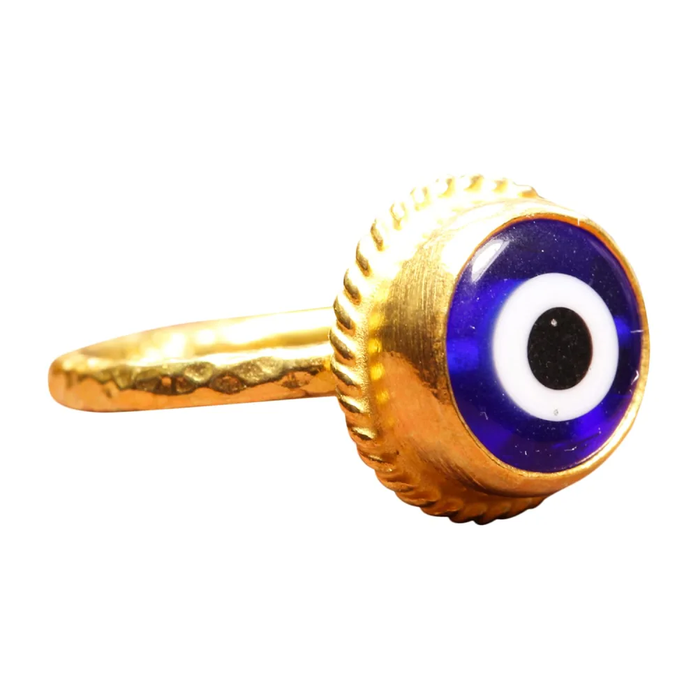 Caprixus 925 Solid Sterling Silver Blue Evil Eye 24K Yellow Gold Vermeil Traditional Ancient Roman Art Handcrafted Artisan Hammered Ring