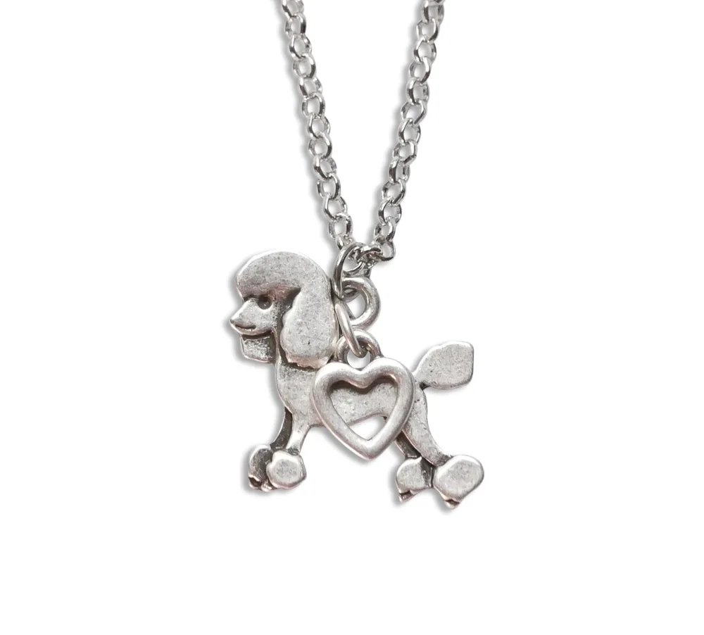 Poodle Charm Necklace, Toy Standard Miniature Poodle Pet Lover Gift, Silver Metal with Heart Pendant on a Chain, Ladies I Love Poodle Dog