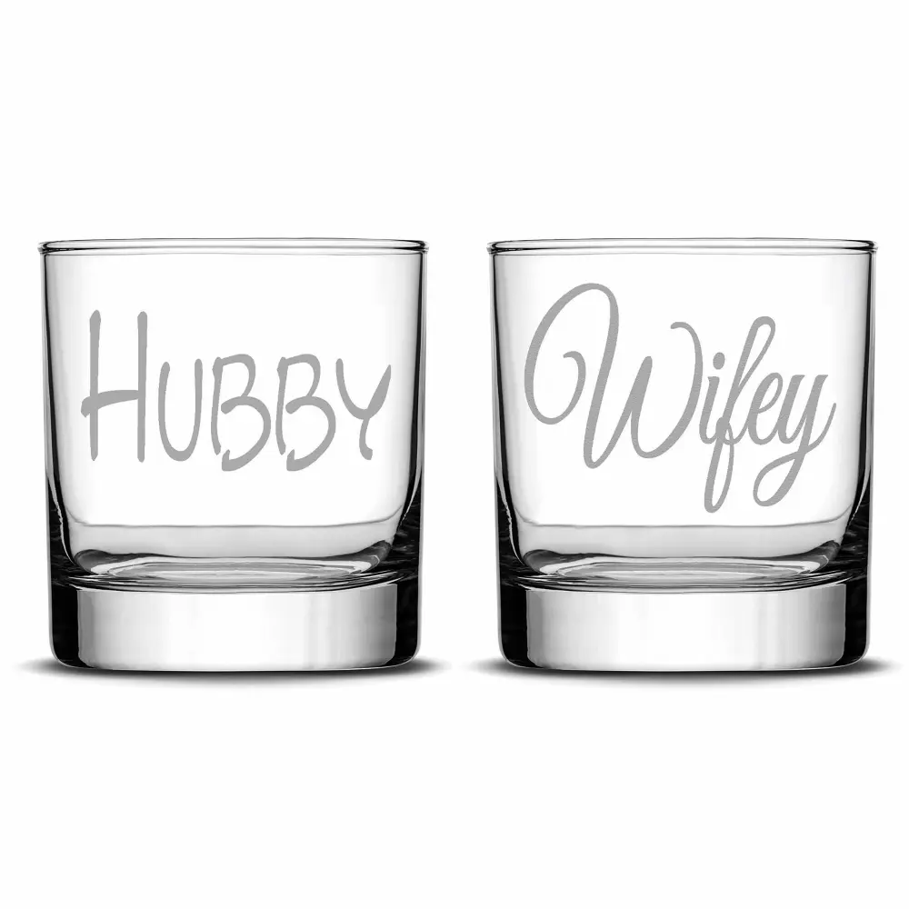 Integrity Bottles, Hubby and Wifey, (Set of 2) Premium Whiskey Rocks Glasses, Handmade, Handblown, Hand Etched Gifts, Sand Carved, 11oz