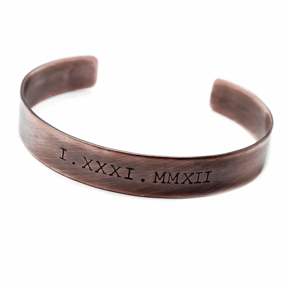 Roman Numerals Copper Cuff Bracelet - Custom Date, Anniversary Valentines Gift for Men Women