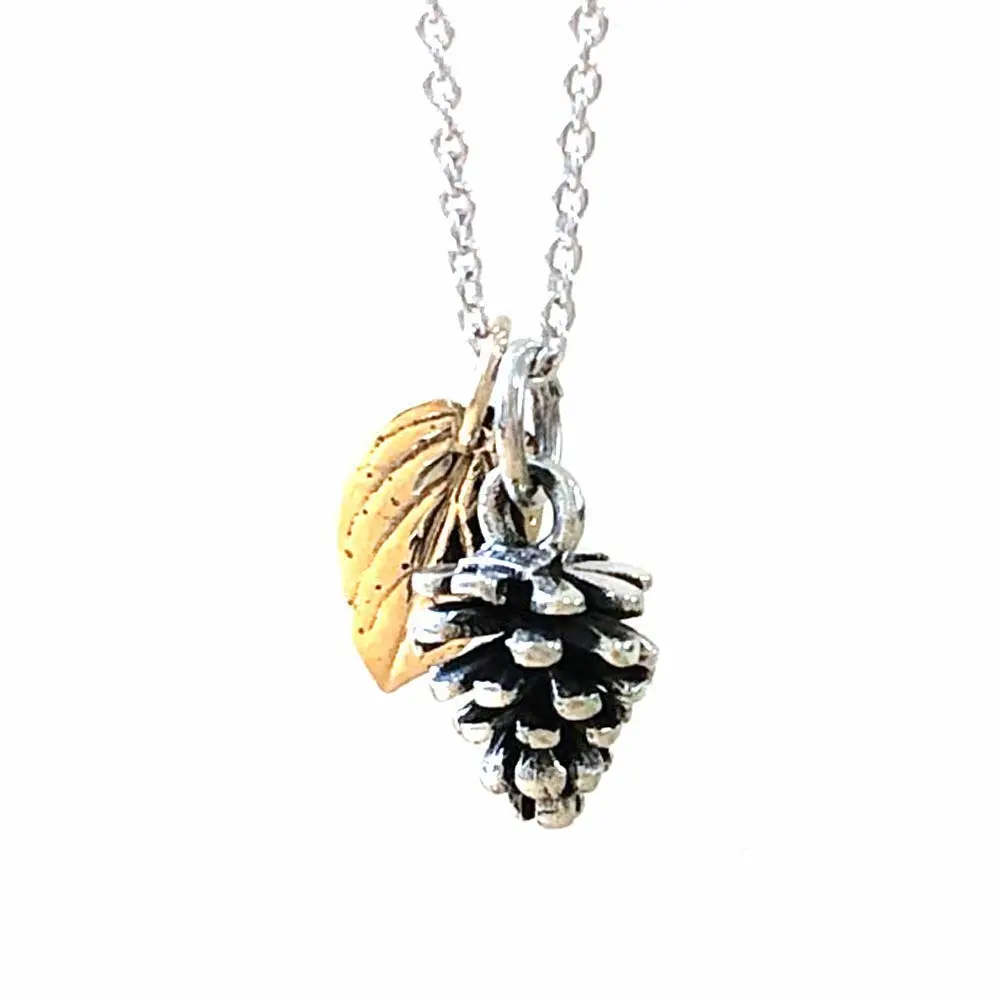 Sterling Silver Tiny Pinecone and Bronze Leaf Necklace, 18"