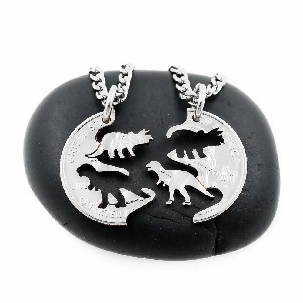 Dinosaur Jewelry, Best Friends Necklaces, T-Rex and Triceratops Hand Cut on a Quarter, By NameCoins