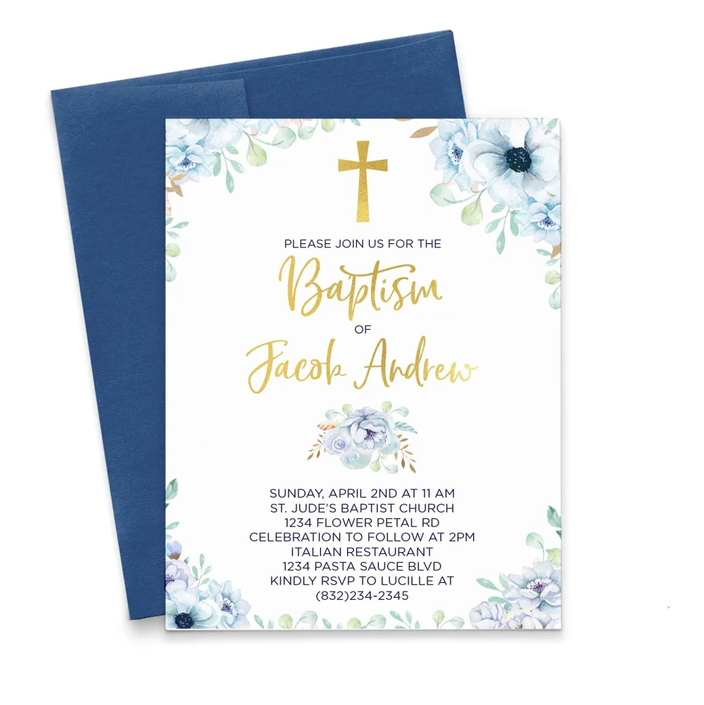 Elegant Baptism Invitations for Boys, Your choice of Quantity and Envelope Color