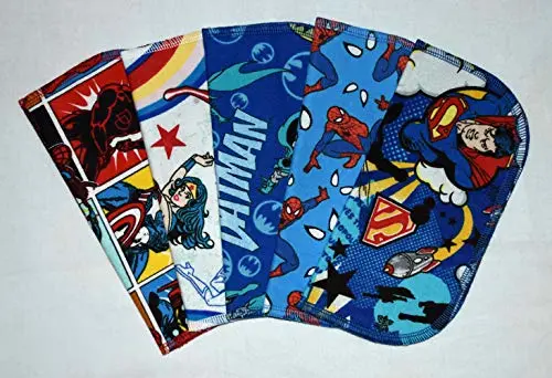 2 Ply Printed Flannel 8x8 Inches Little Wipes Set of 5 Favorite Superhero Characters- Proudly Made in the USA!