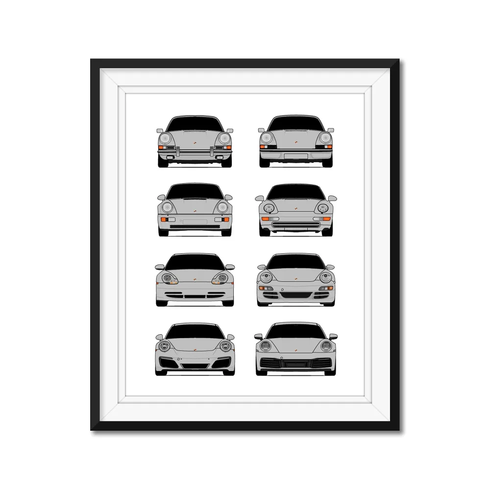 History of Porsche 911 Generations and Handmade Print of Porsche Car Models: 901, G Series, 964, 993, 996, 997, 991, 992 - Silver, 11x14" Metallic Print (Unframed)- Gift