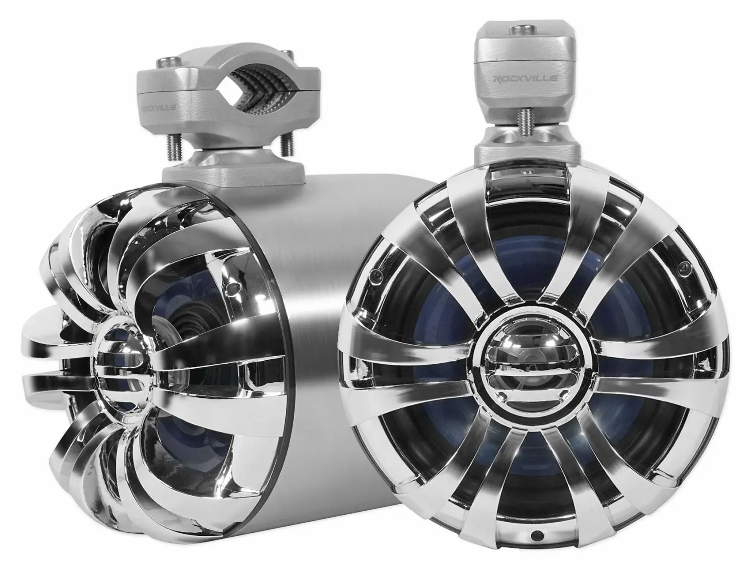 Rockville WB65 2 x 6.5 600w Metal Marine Wakeboar.d Tower Speakers + Swivel Brackets, 2 Pack, Stainless Steel