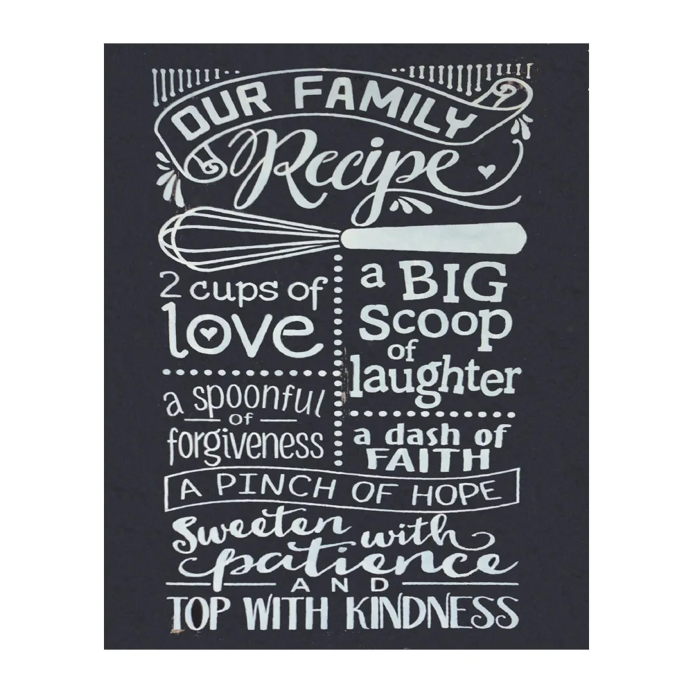 Our Family Recipe - Love Laughter Kindness Family Wall Art Decor, Chalkboard Replica Wall Art Print For Home Decor, Dinning Decor, Farmhosue Decor, or Living Room Decor. Unframed - 8x10