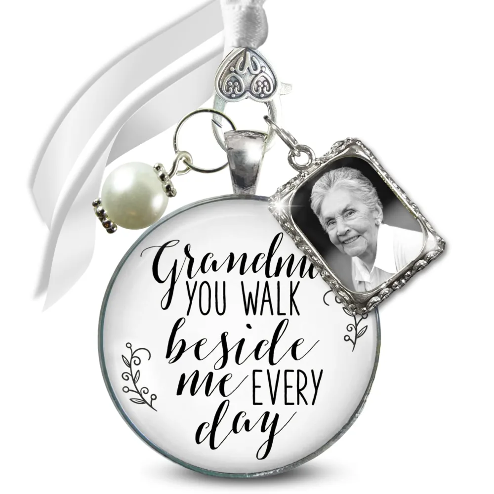 Wedding Bouquet Charm Grandma You Walk Beside Me Every Day 1 Photo Frame Antique Silver Memorial Keepsake Jewelry White Glass White Bead Bride's Memory of Grandmother DIY Picture Template