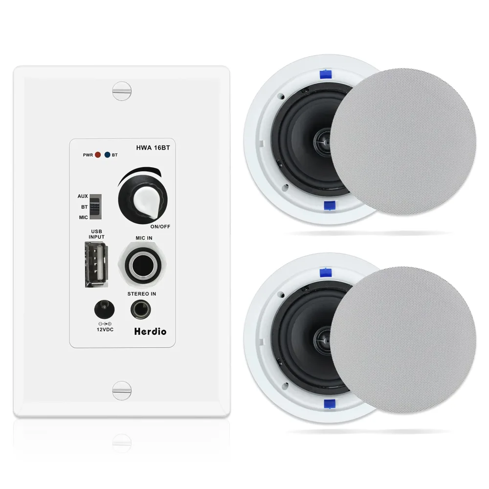 Herdio 6.5 Inch Bluetooth Ceiling Speakers 320W 2-Way Flush Mount in Wall Amplifier Receiver Suitable for Home Theater Bathroom Living Room Kitchen Office (White, Pair)