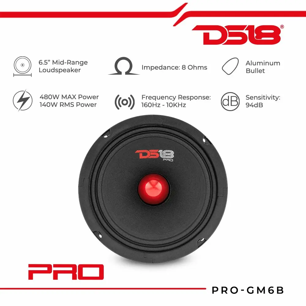 DS18 2X PRO-GM8B Loudspeaker - 8", Midrange, Red Aluminum Bullet, 580W Max, 190W RMS, 8 Ohms - Premium Quality Audio Door Speakers for Car or Truck Stereo Sound System (2 Speakers)