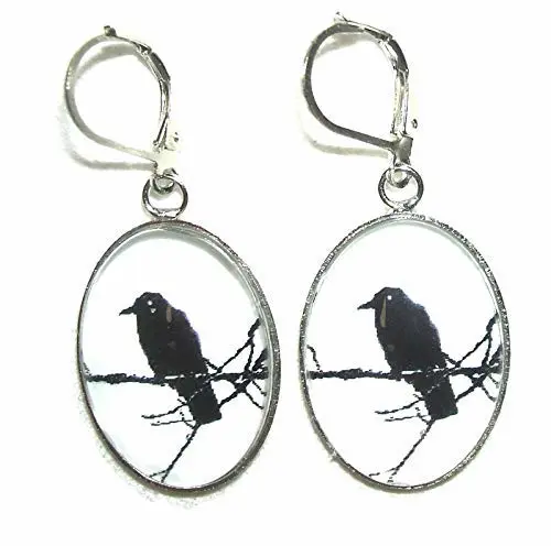 BLACK BIRD ON BRANCH EARRINGS SILVER Plt Black GLASS Beads Raven Crow Backbird