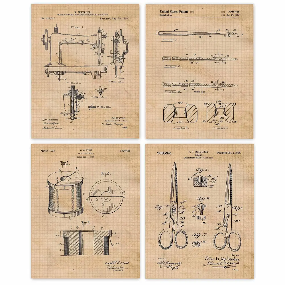 Vintage Sewing Machine Patent Prints, 4 (8x10) Unframed Photos, Wall Art Decor Gift for Home Craftsman Work Office Salon College Student Teacher School Fashion Design Hobby Craft Dress Tailor Fan