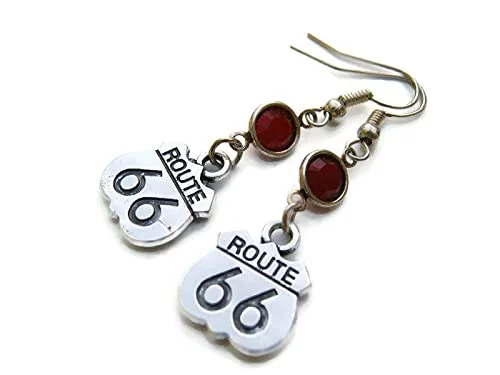 Route 66 Sign Birthstone Earrings, Personalized Trucker Earrings, Road Trip Earrings, Vacation Jewelry