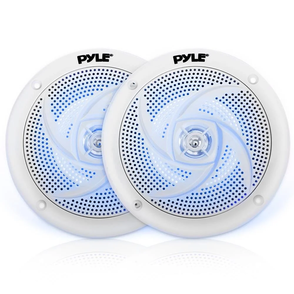 Pyle Marine Speakers - 4 Inch 2 Way Waterproof and Weather Resistant Outdoor Audio Stereo Sound System with LED Lights, 100 Watt Power and Low Profile Slim Style - 1 Pair - PLMRS43WL (White)