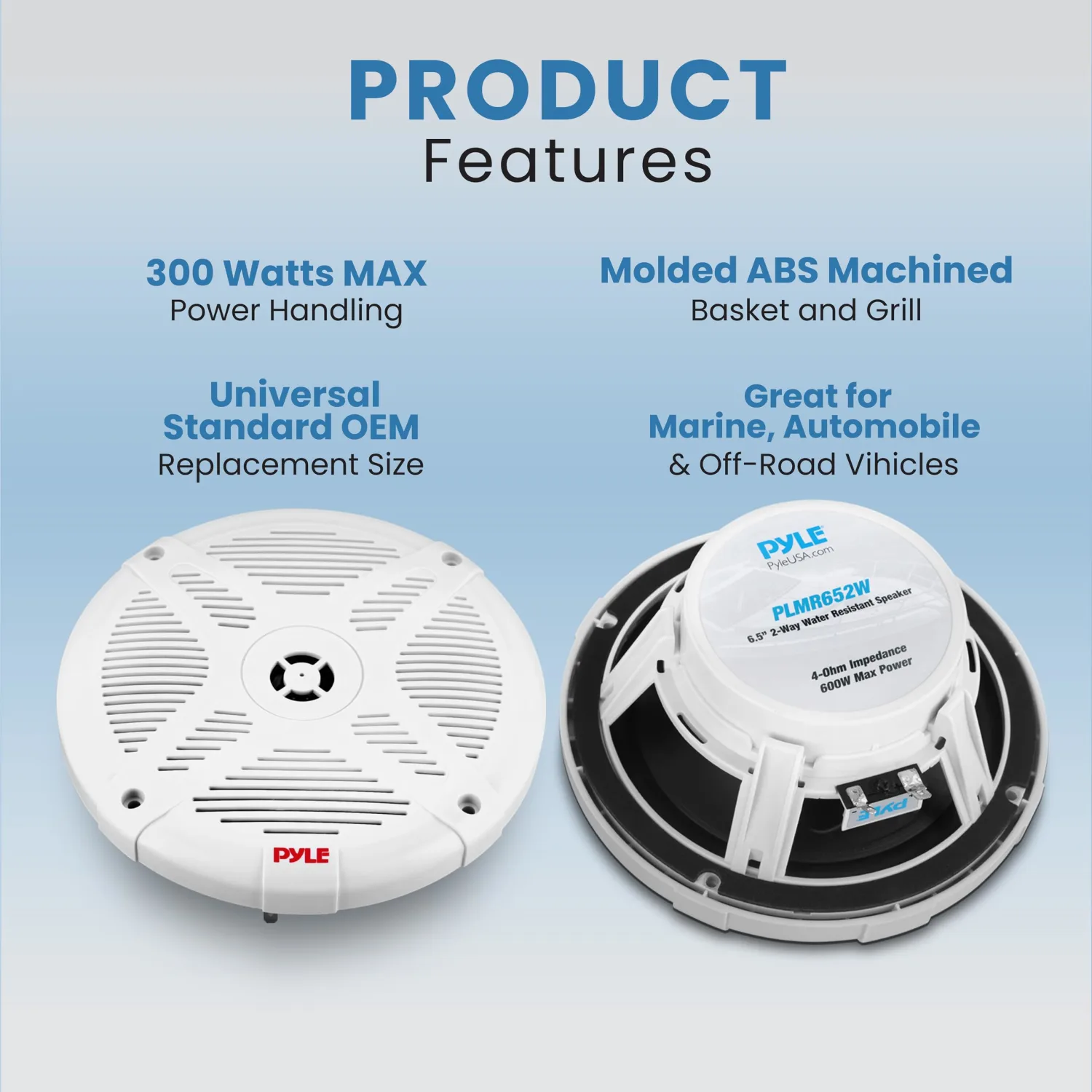 Pyle 6.5 Inch Marine Speakers (Pair) - 2-way IP-X4 Waterproof and Weather Resistant Outdoor Audio Dual Stereo Sound System with 600 Watt Power and Low Profile Design - Pyle PLMR652W (White)