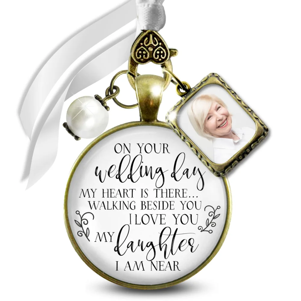 Bouquet Charm On Your Wedding Day My Daughter Remembrance Of Mom or Dad 1 Frame White Bridal Glass Pendant Memory Jewelry DIY Photo Template