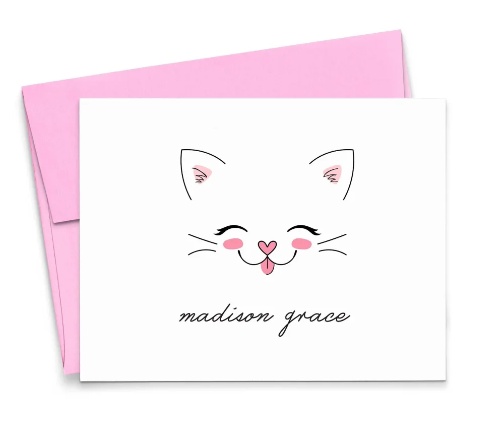 Personalized Cat Stationary for Girls, Personalized Stationary Set for Kids, FOLDED Note Cards Your Choice of Colors and Quantity