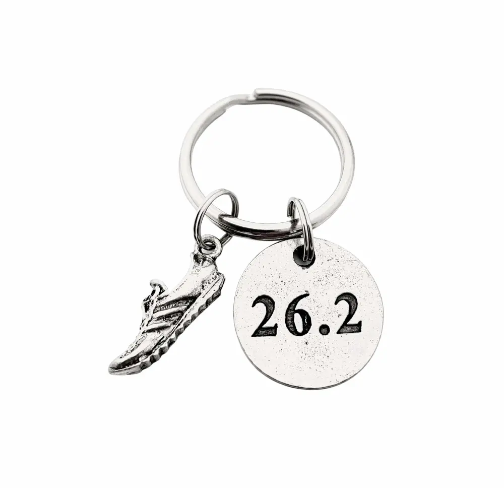 RUN 26.2 Marathon Pewter Pendant Key Chain - Pewter Running Shoe Charm and Round Pewter 26.2 Pendant on Round Stainless Steel Key Ring