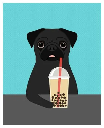 A 605D - Black Pug Dog Drinking Boba Bubble Tea UNFRAMED Wall Art Print by Lee ArtHaus