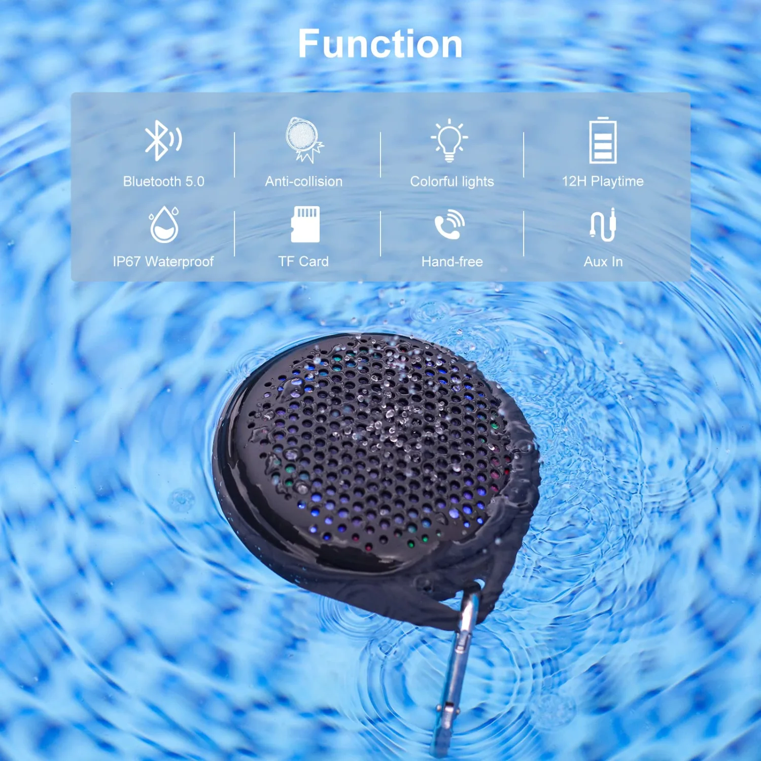 Bluetooth Shower Speaker, IP67 Waterproof Speaker with RGB Light, Portable Bluetooth Speaker with Hi-Fi Sound and Built-in Mic, Support TF Card, Wireless Speaker for Home Outdoor Travel