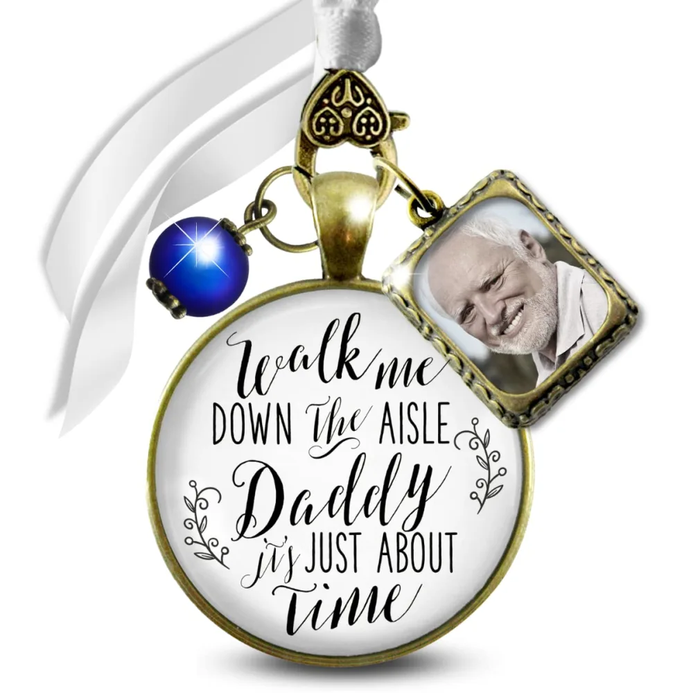 Memorial Wedding Bouquet Charm Walk Me Down Aisle Daddy Vintage Bronze Jewelry Cream Glass Pendant Something Blue Bead 1 Frame Loving Keepsake Memory of Dad Ties to Bride's Flowers DIY Photo Template