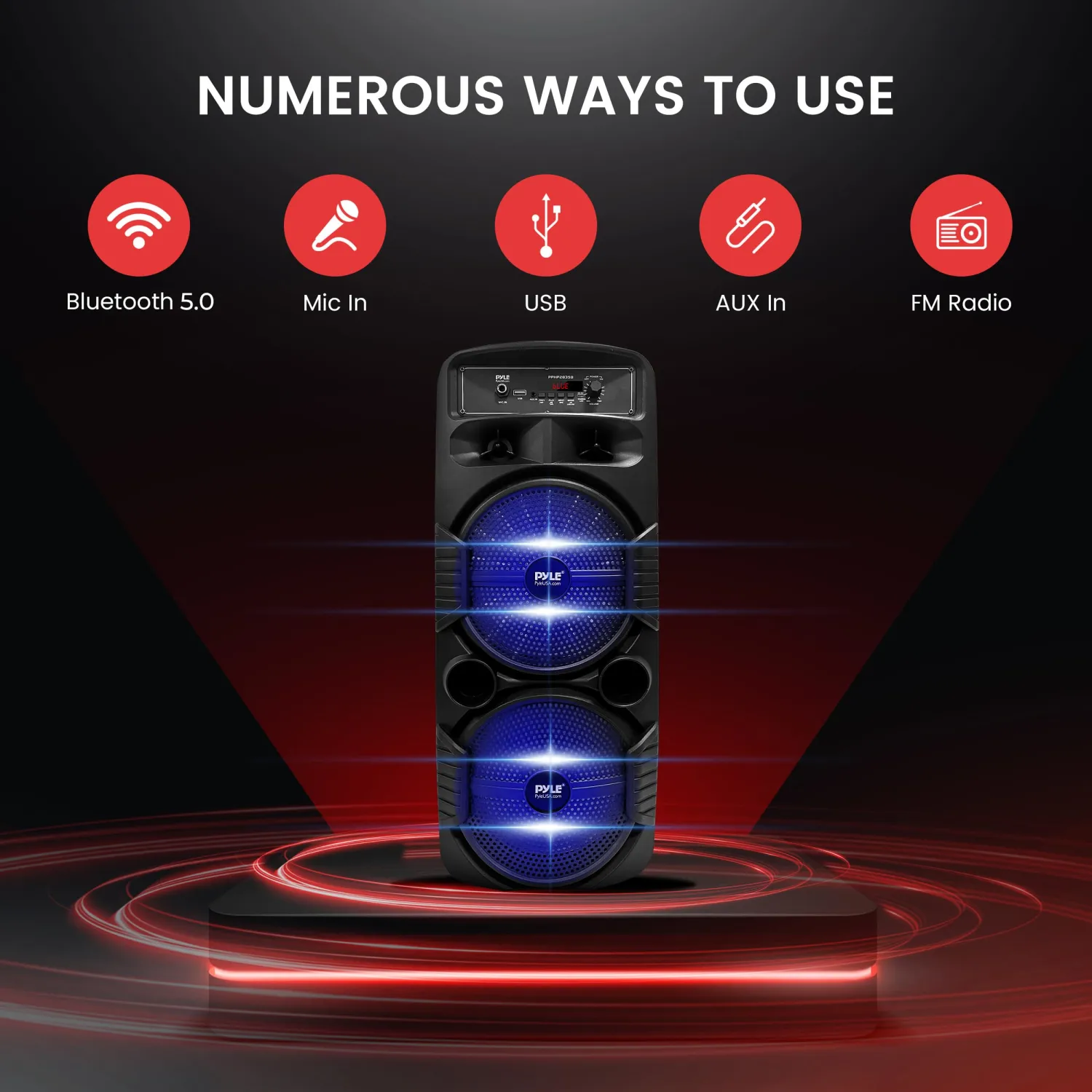 Pyle Portable Bluetooth PA Speaker System - 600W Rechargeable Outdoor Bluetooth Speaker Portable PA System w/ Dual 8” Subwoofer 1” Tweeter, Microphone In, Party Lights, USB, Radio, Remote - PPHP2835B