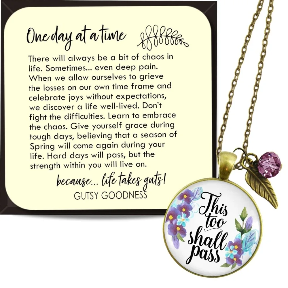 This Too Shall Pass Necklace Inspirational Jewelry For Women Chain 24" - Floral Watercolor Purple Blue Motivation Mantra Pendant, Bronze Leaf Charm, Encouragement Gift for Friend Message Card & Box