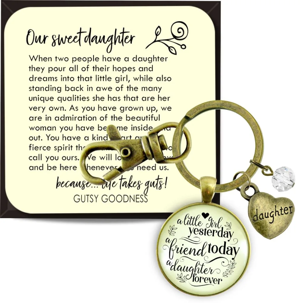 To Our Daughter Keychain From Parents A Little Girl Yesterday Inspirational Jewelry for Women from Mom Dad - Handmade Meaningful Love Pendant Bronze Heart Charm, Affectionate Message Card & Gift Box