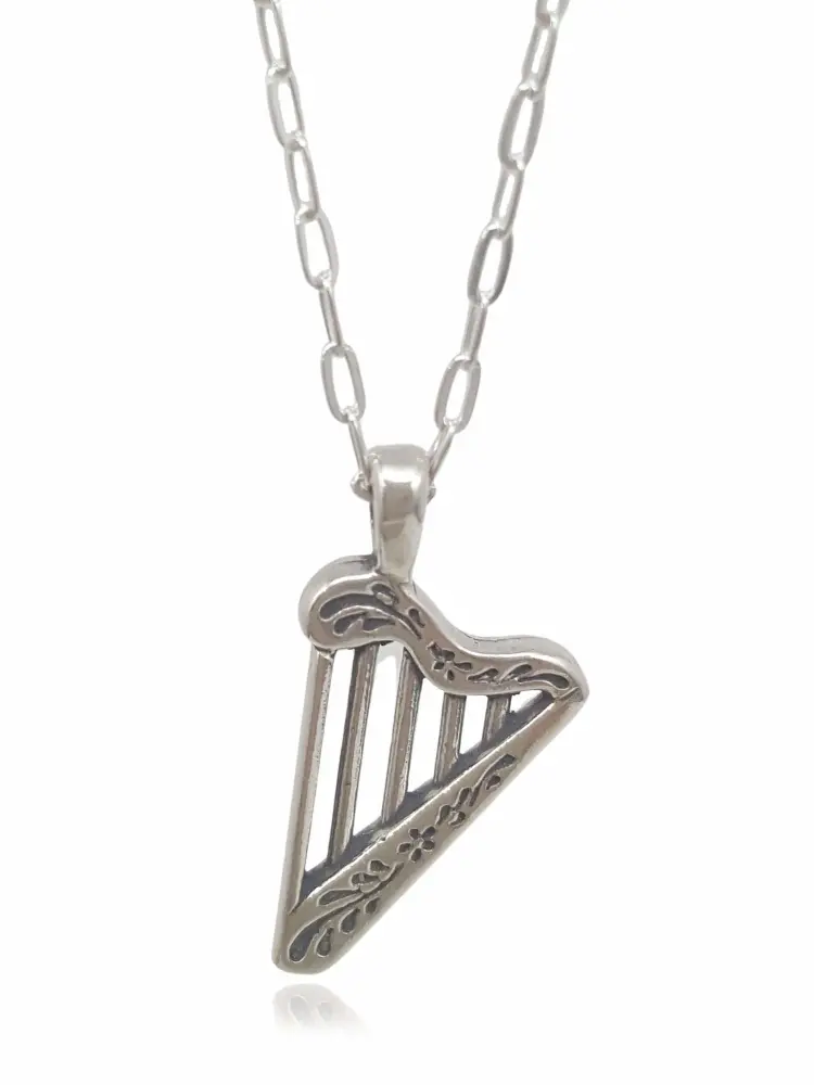 Sterling Silver Celtic Harp Irish Musical Instrument 3D Charm Necklace, 18"