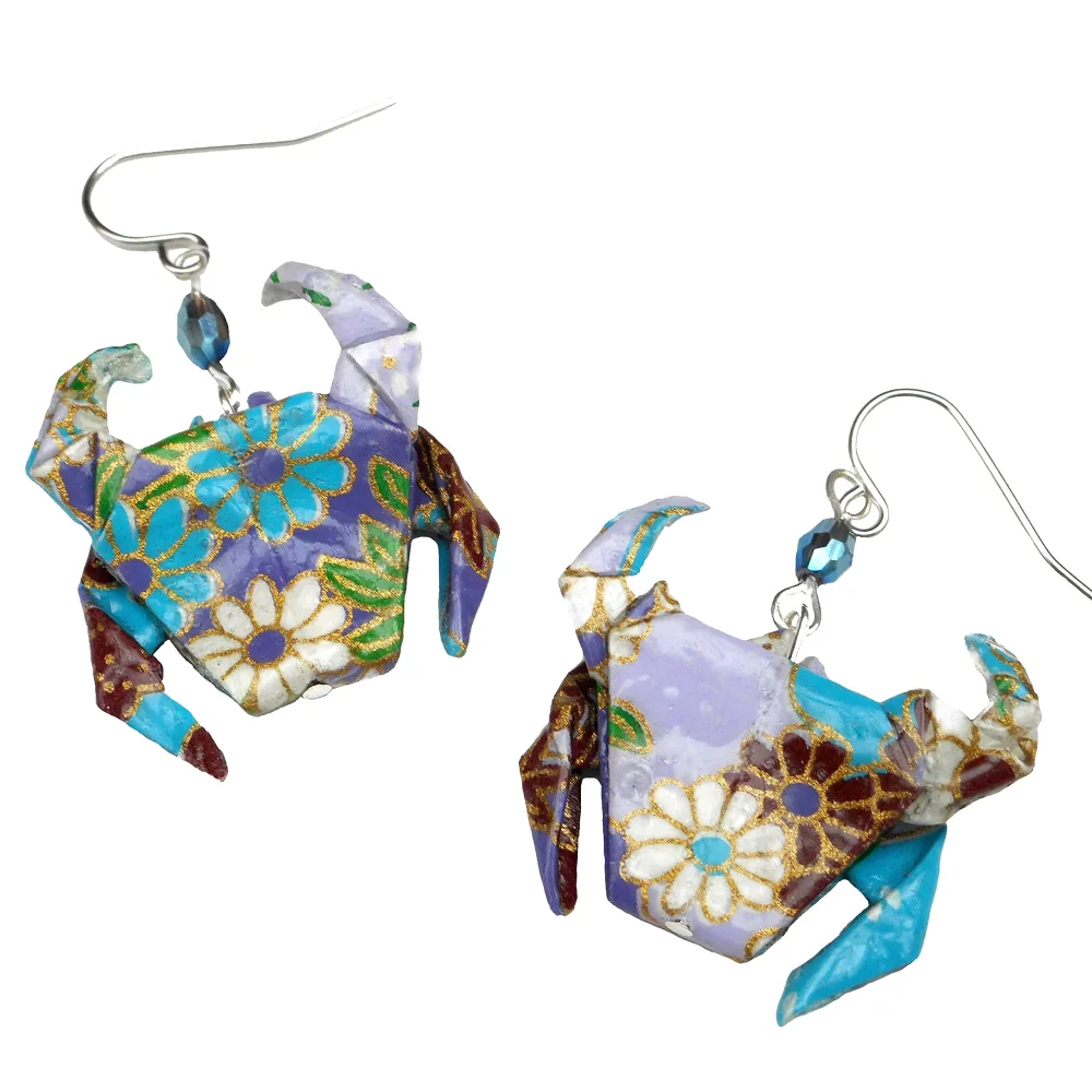 Handcrafted Origami Paper Crab Earrings,Purple Lavender Aqua Blue, Zodiac Cancer Birthday Lucky Gift