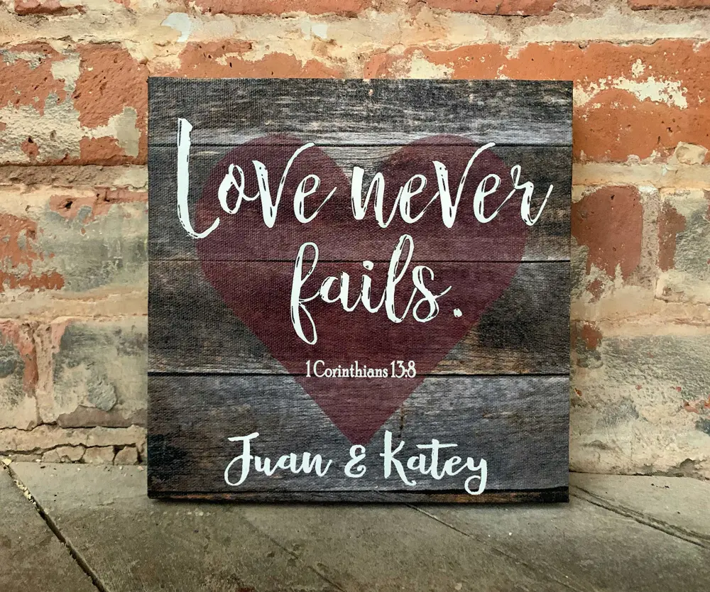 Love Never Fails, Christmas or Wedding Gift, Custom Canvas Decor, Corinthians, Personalized With Couple's Names, Perfect Present For Bridal Shower, Anniversary Or Birthday