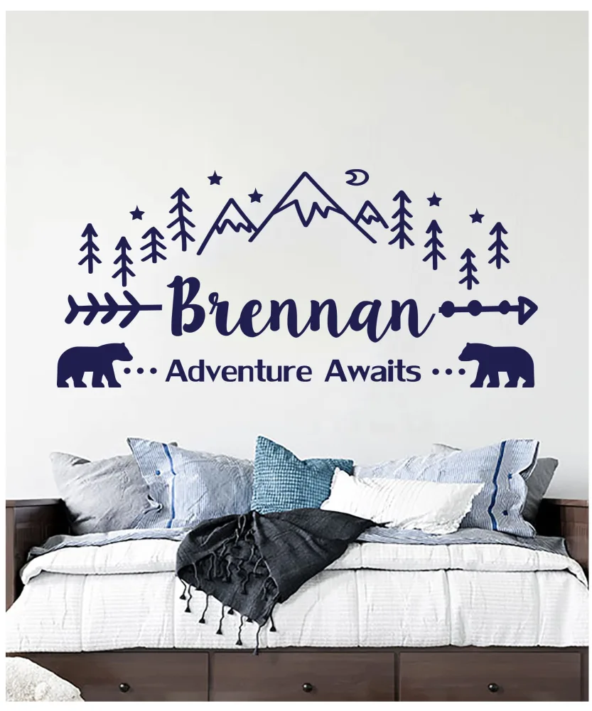 Adventure Awaits Wall Decal Personalized Name Vinyl Sticker Quote Decals Custom Name Mountain Nursery Woodland Decor Boys Room Bedroom Decals NV243