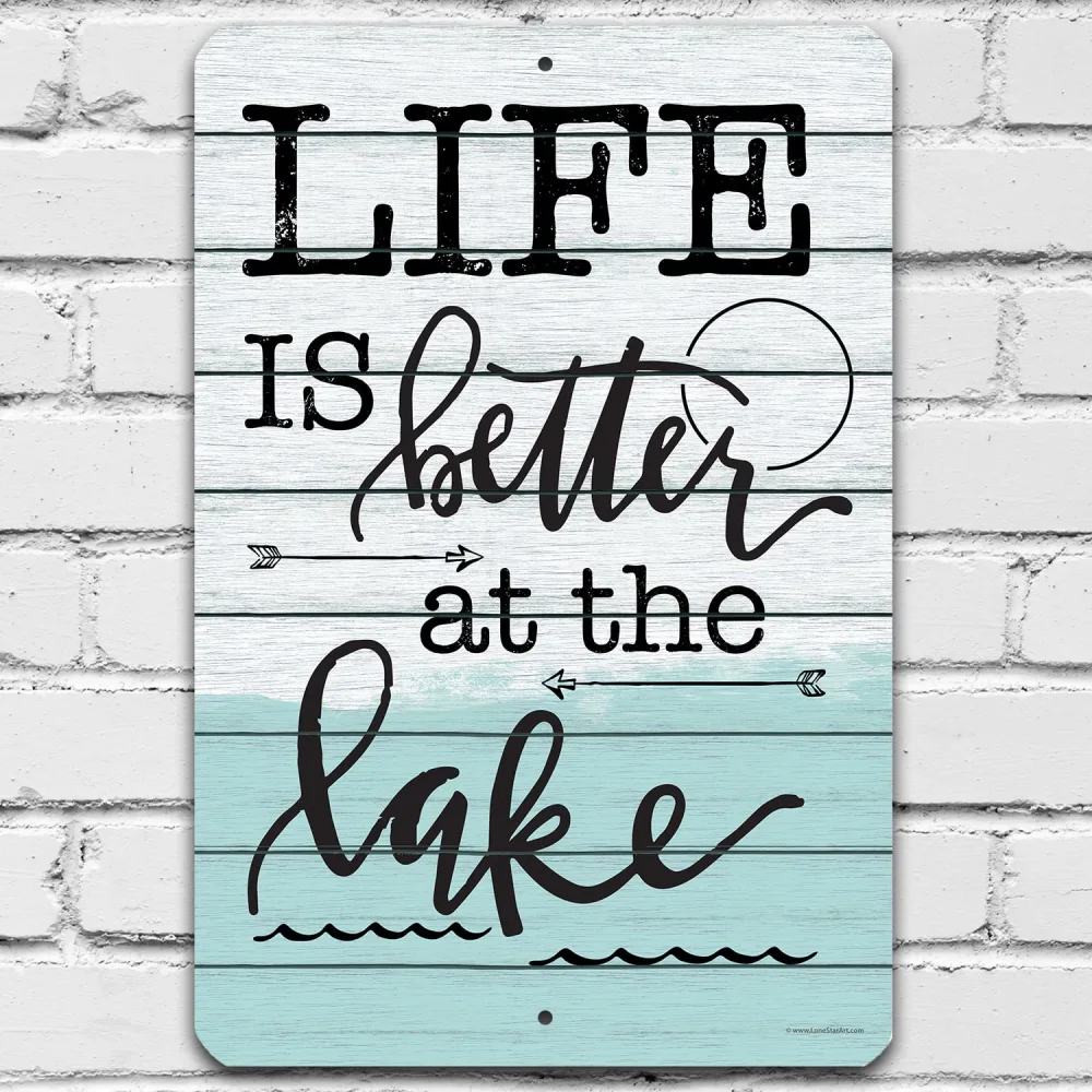 Life is Better at The Lake - Great Lake House Decor, Cabin and Lake Life Art Print, Lake Decorations for Summer Home, Boating and Fishing Sign, 12x18 Use Indoors or Outdoors Durable Metal Sign