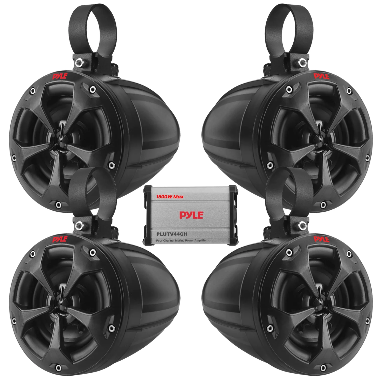 Pyle Waterproof Off-Road Speakers with Amplifier - 4Inch 1500W 4-Channel Marine Grade Wakeboard Tower Speakers System Full Range Outdoor Audio Stereo Speaker for ATV, UTV, Quad, Jeep, Boat PLUTV44CH