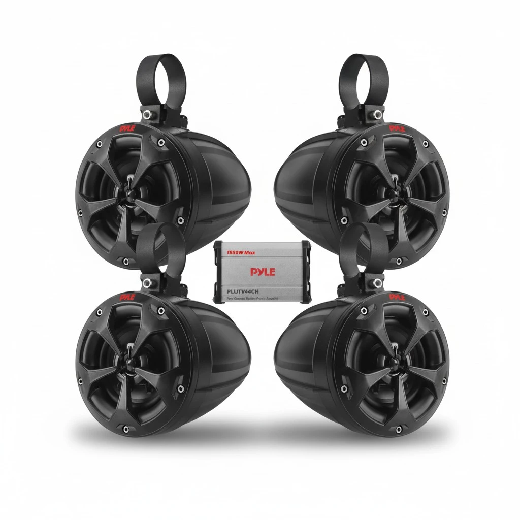 Pyle Waterproof Off-Road Speakers with Amplifier - 4Inch 1500W 4-Channel Marine Grade Wakeboard Tower Speakers System Full Range Outdoor Audio Stereo Speaker for ATV, UTV, Quad, Jeep, Boat PLUTV44CH
