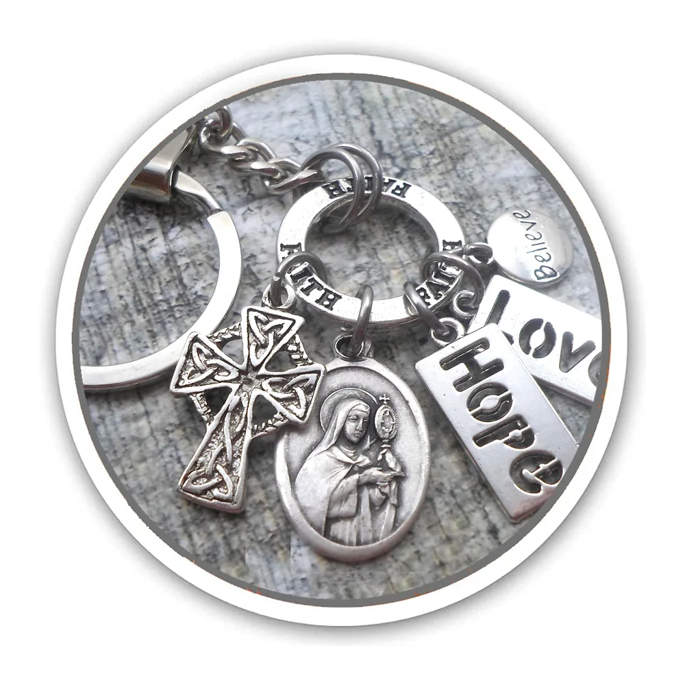 Saint Clare of Assisi, St. Clare Keychain, Clip or Necklace. Divine Messenger Help, Love and Support. Lovely Italian Holy Medal and Charms. Customize with an Initial or Crystal Birthstone. Unisex Gift