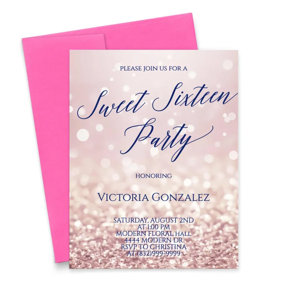 Rose Gold Sweet 16 Invitations with Envelopes, Personalized Sweet 16 Invites, Purple and Navy Blue 16th Birthday Invitations for Girls, Your choice of Quantity, Info and Envelope Color