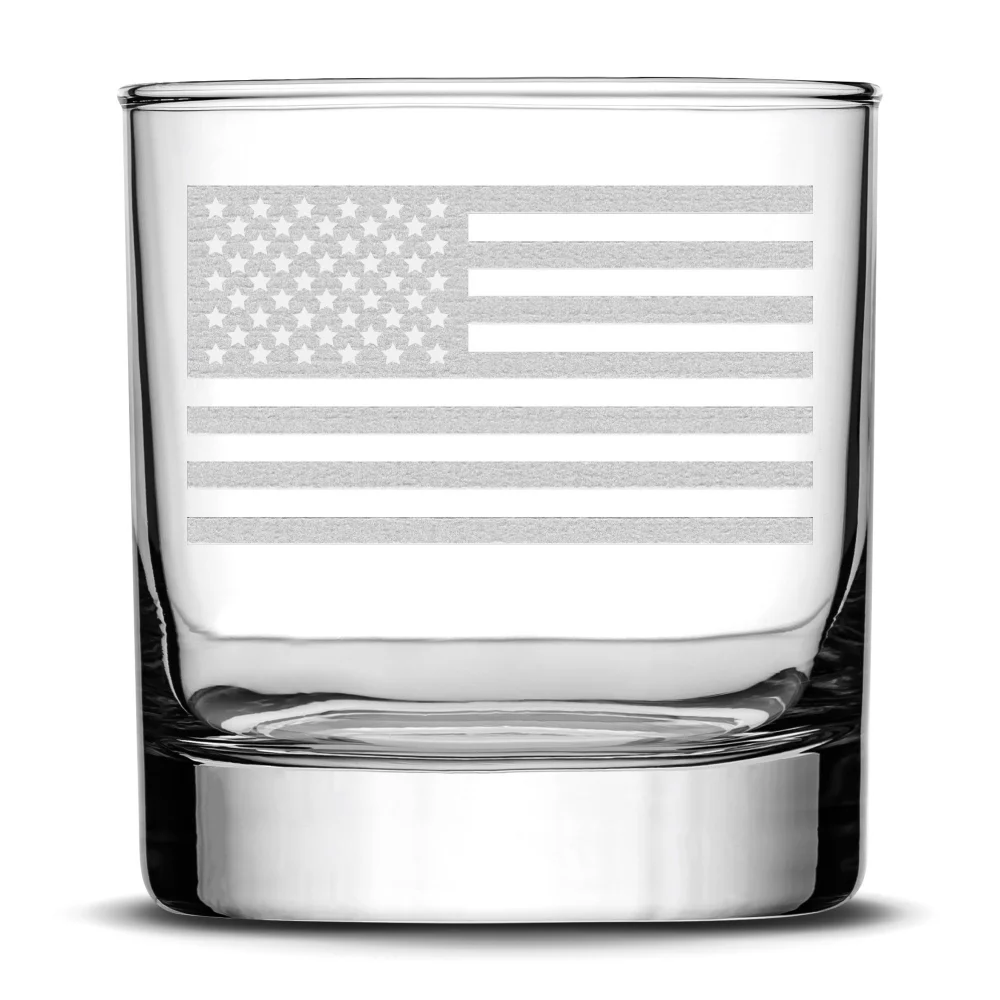 Integrity Bottles, American Flag, Premium Whiskey Glass, Handmade, Handblown, Hand Etched Gifts, Sand Carved, 11oz