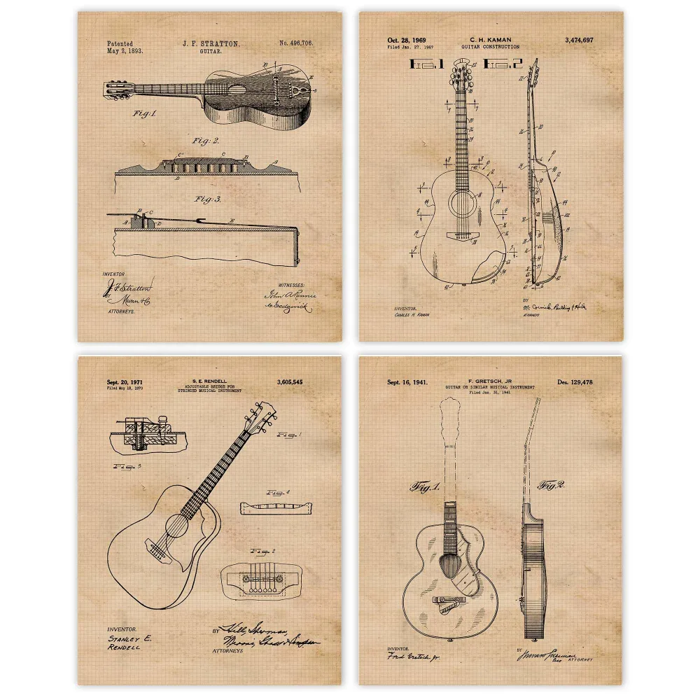 Vintage Acoustic Guitar Patent Prints, 4 (8x10) Unframed Photos, Wall Art Decor Gift for Home Office Gears Garage Instrument Pop Studio Student Teacher Coach Band Music Classic Rock Country Bluegrass