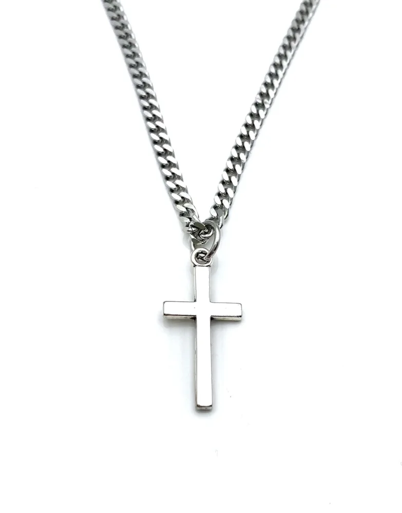 Religious Gift for Men, 18" 20" 22" 24" or 28" Inch Length, Silver Cross Necklace for Man, 3mm Stainless Steel Curb Chain, Men Christian Jewelry, Husband, Boyfriend, Son, Grandson, Godson, Godfather