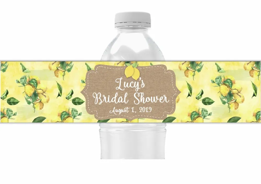 Personalized Water Bottle Labels, Lemon Party Favors, Pack of 25 Peel and Stick Waterproof Wrappers for Bridal Shower