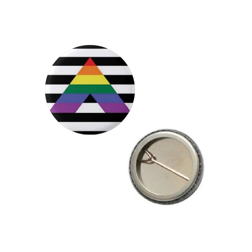 Straight Ally LGBTQ Rainbow White Black Striped Pride Flag Pin 1” Round Circle Shape Metal Button Pin Badge Pinback 1 inch Pin 25 mm 2.5 cm