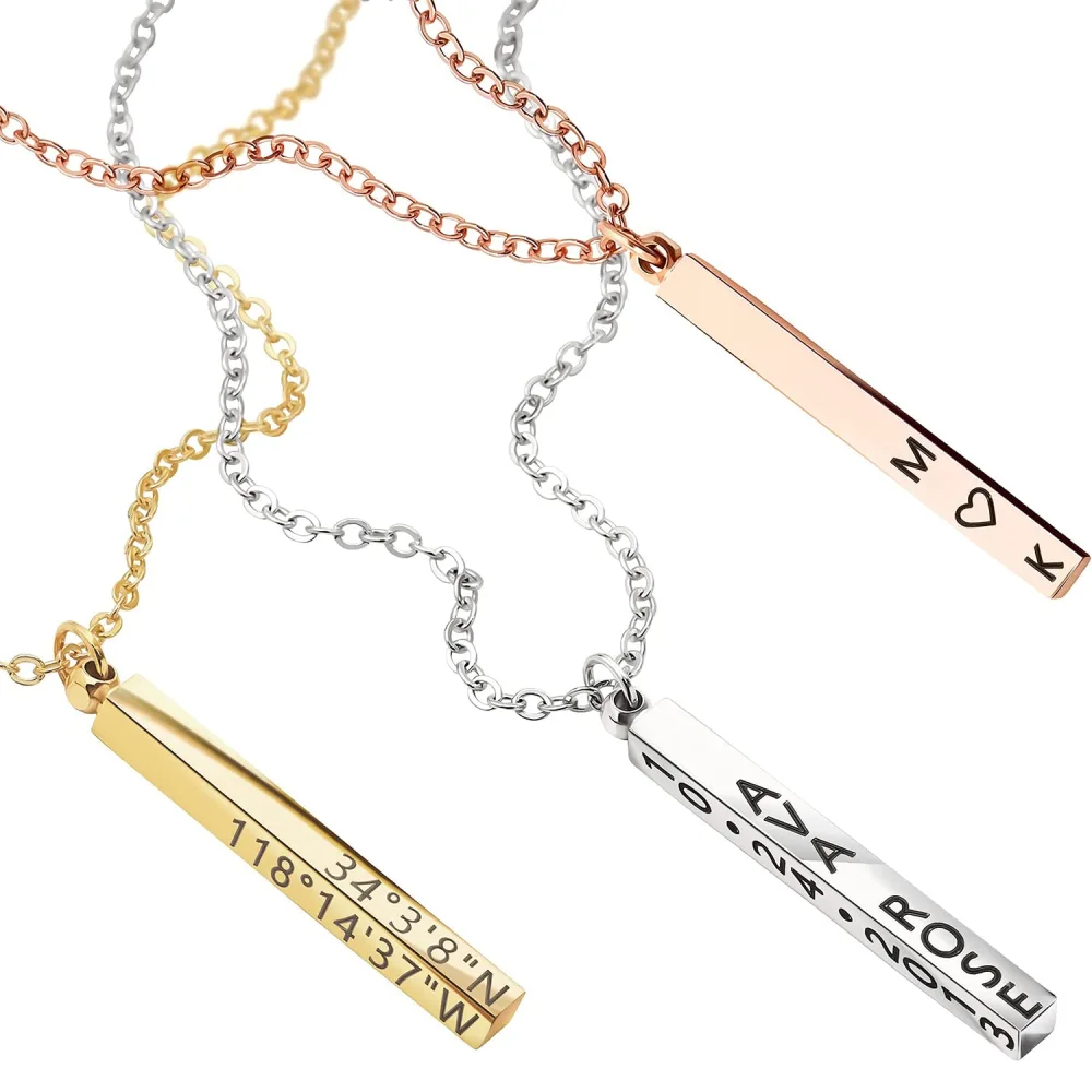 MignonandMignon Gift for Her 4 Side Engraved Name Bar Necklace Personalized Jewelry for Mom Custom Mother's Day - R4BN