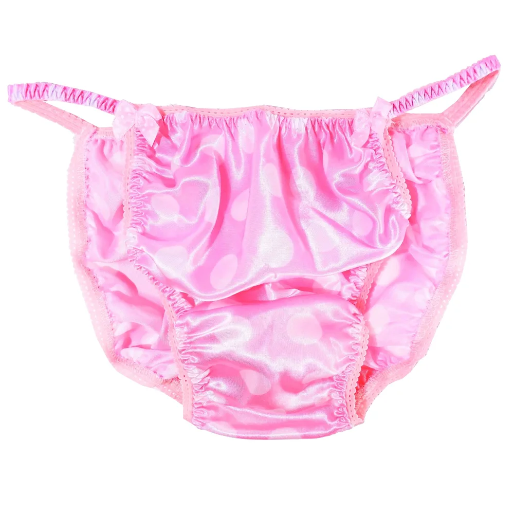 Ania's Poison Sissy Panties Baby Pink Polka Dot Satin String Bikini Shiny Men's Panties Underwear Bra Mini Skirt S-2X (L)