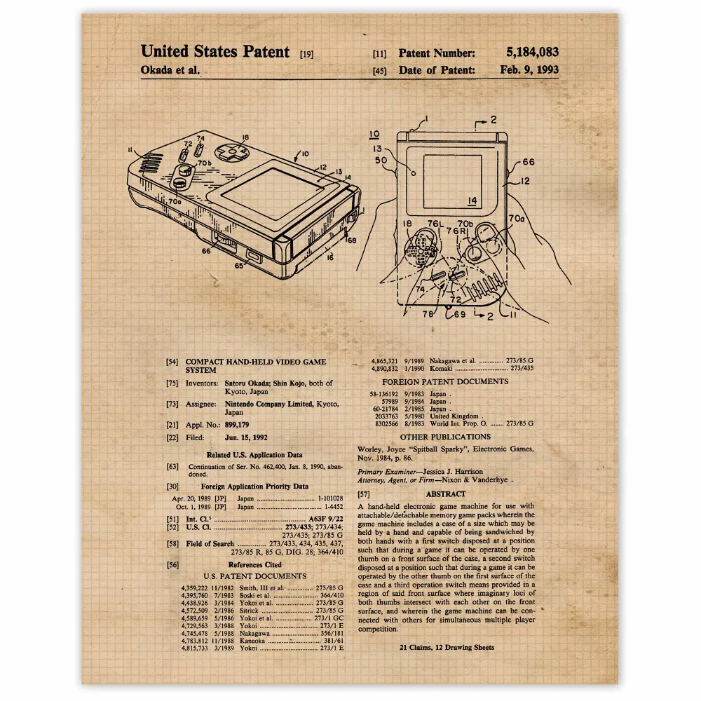 Classic Gameboy Patent Prints, 1 (11x14) Unframed Photos, Wall Art Decor Gift for Home Nintendo Office Tech Gears Garage Lounge Engineer College School Student Teacher Coach Gaming Championship Fans