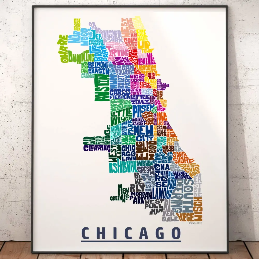 Chicago Neighborhood Map Print, Signed Print from my Original Hand-Drawn Typography Map Art Series