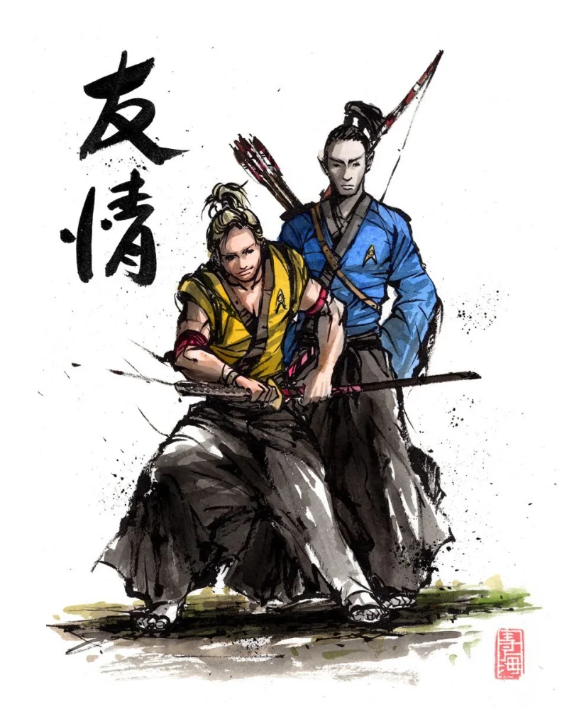 8x10 PRINT of sumi watercolor Samurai Kirk and Spock with Japanese calligraphy FRIENDSHIP