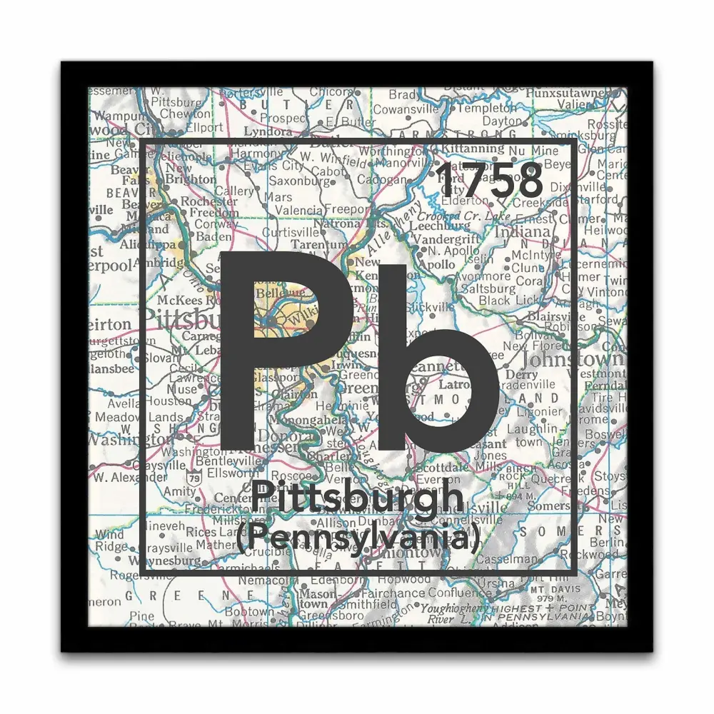 Pb - Pittsburgh Pennsylvania Vintage Periodic Map Art Print, Unframed, Atlas Road Map Home Wall Decor, 8x8 Inches