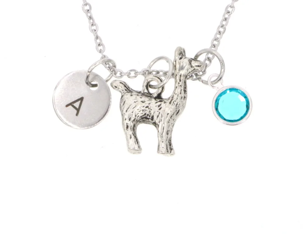 Llama Necklace - Personalized Initial, Choose Pearl or Crystal Color - Laser Engraved 10mm Disc - Farm Animal - DGR