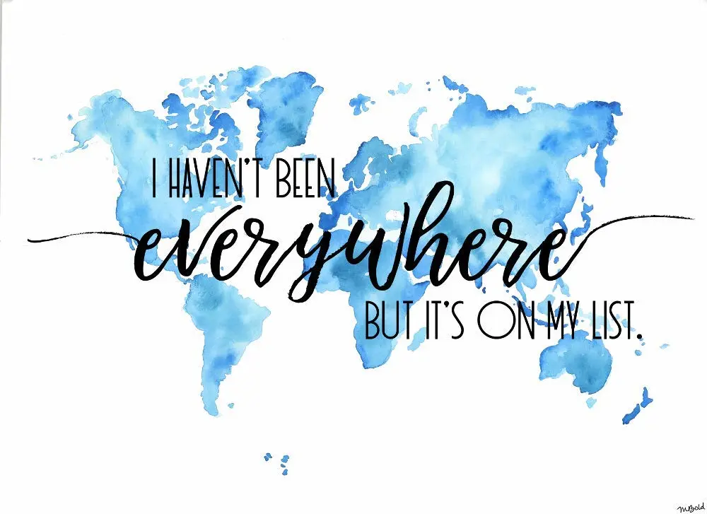 I Haven't Been Everywhere But It's On My List Watercolor World Map Travel Quote Wall Art Print - Unframed (8x10, Blue)